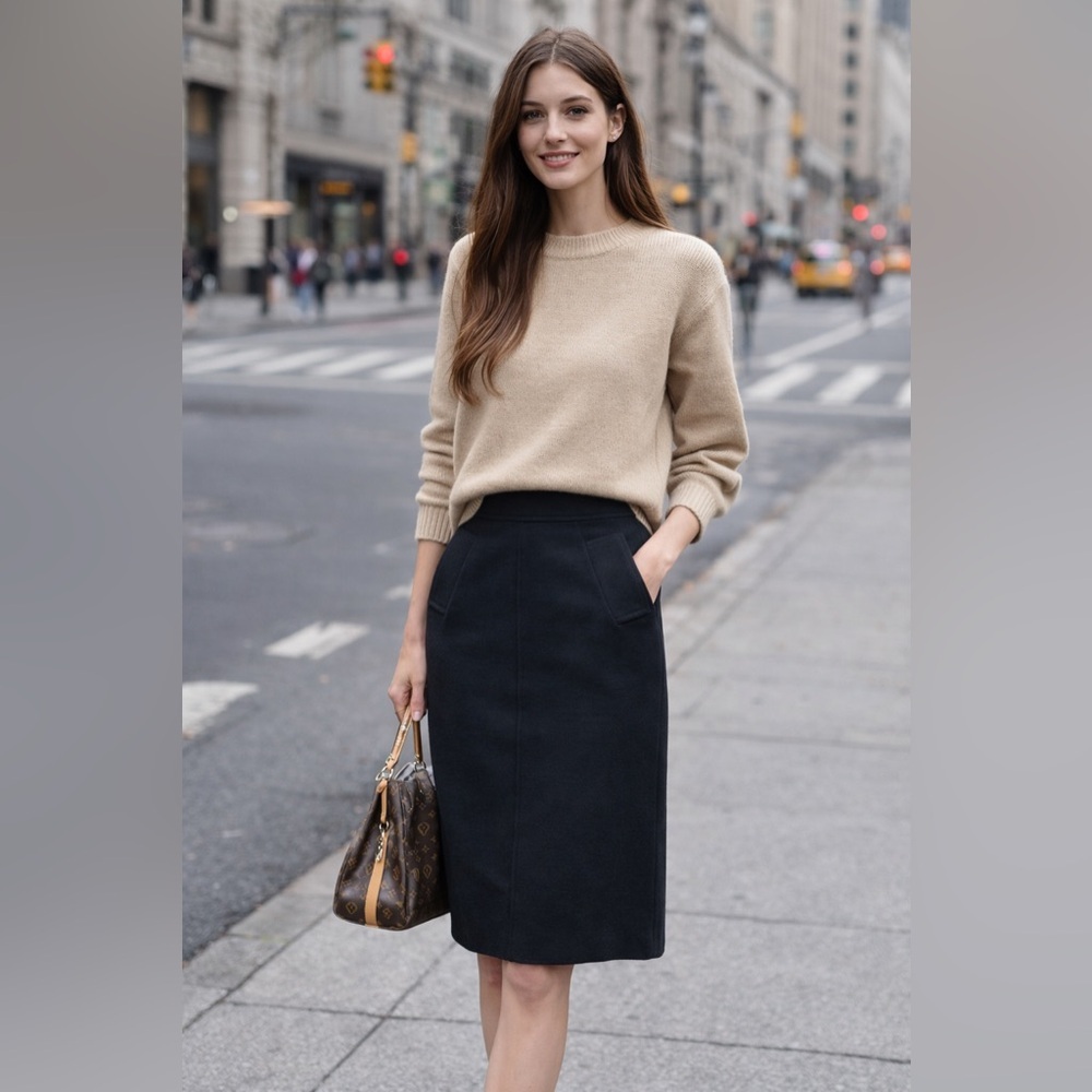 Vintage Yves Saint Laurent Classic Navy Wool Pencil Skirt with pockets